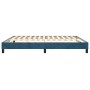 Boxspringbett in Dunkelblau, Samtbezug, ohne Matratze, Lattenrost sichtbar.