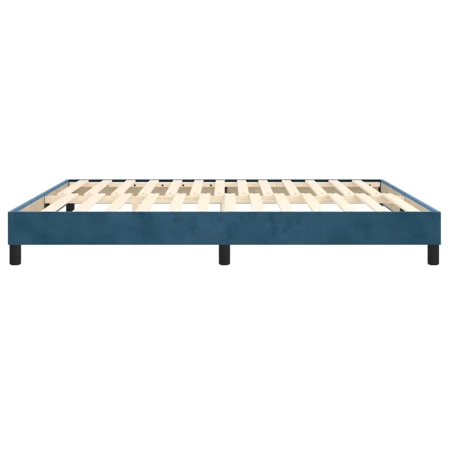 Boxspringbett in Dunkelblau, Samtbezug, ohne Matratze, Lattenrost sichtbar.