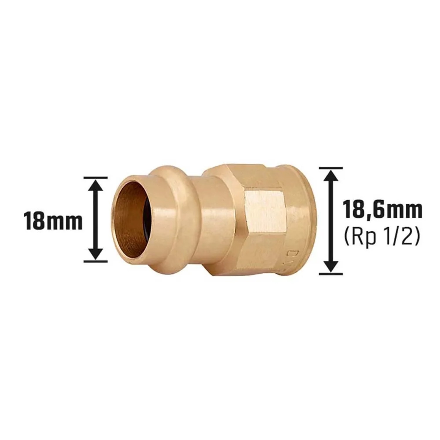 Press-Übergangsmuffe aus Rotguss, 18 mm x 18,6 mm (Rp 1/2), für Kupferrohre.