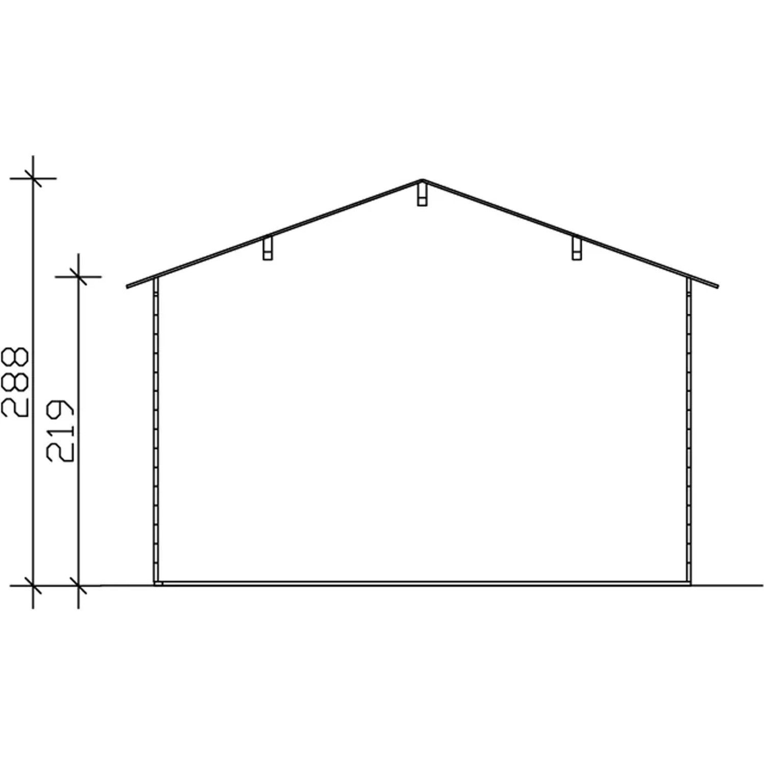 Skan Holz Gartenhaus Tilburg, Schiefergrau, Querschnitt mit Höhenangaben in cm.