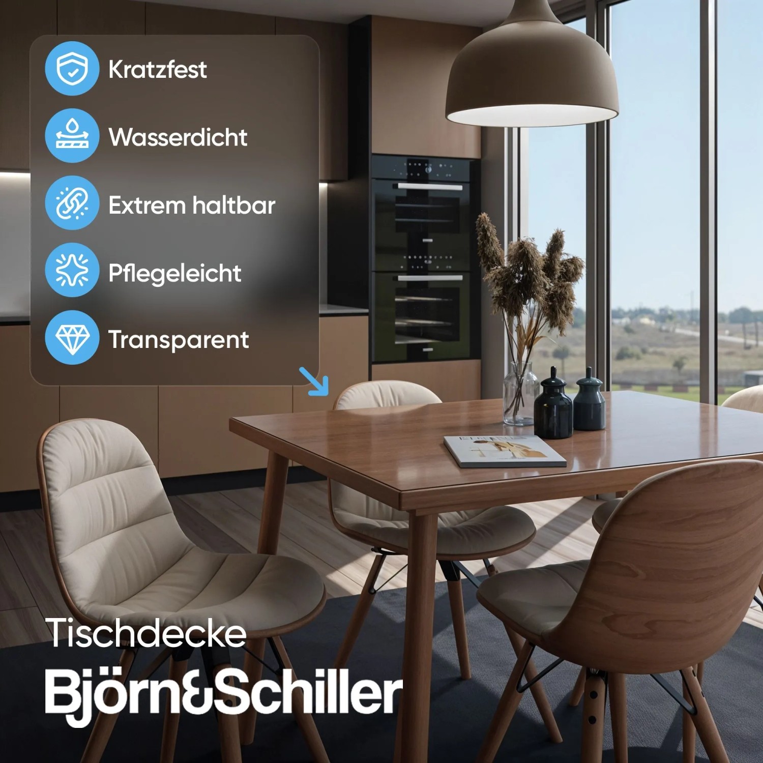 Transparente Björn&Schiller Tischschutzfolie 90x160 cm auf Holztisch mit Stühlen.