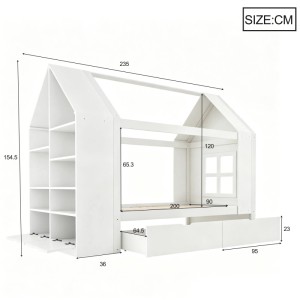 Weißes Merax Hausbett 90x200 cm mit LED, Schubladen, Regal und Fenster. Kinderbett für Spiel und Schlaf.