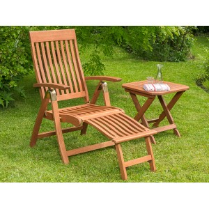 2-teiliges Garten-Set Comodoro aus Eukalyptusholz mit Liegestuhl und Hocker.