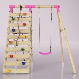 Rebo Klettergerüst Chamäleon mit Schaukel und Kletterwand in Pink. Holzgerüst mit bunten Klettersteinen.