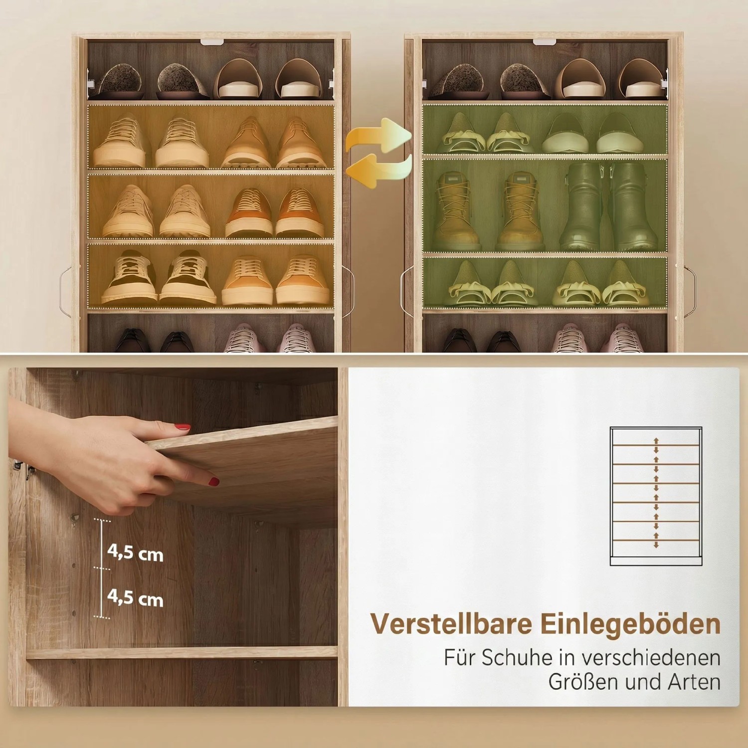 HOMCOM Schuhkommode in Naturholzoptik mit verstellbaren Einlegeböden für flexible Schuhaufbewahrung von Sneakern bis Stiefeln.