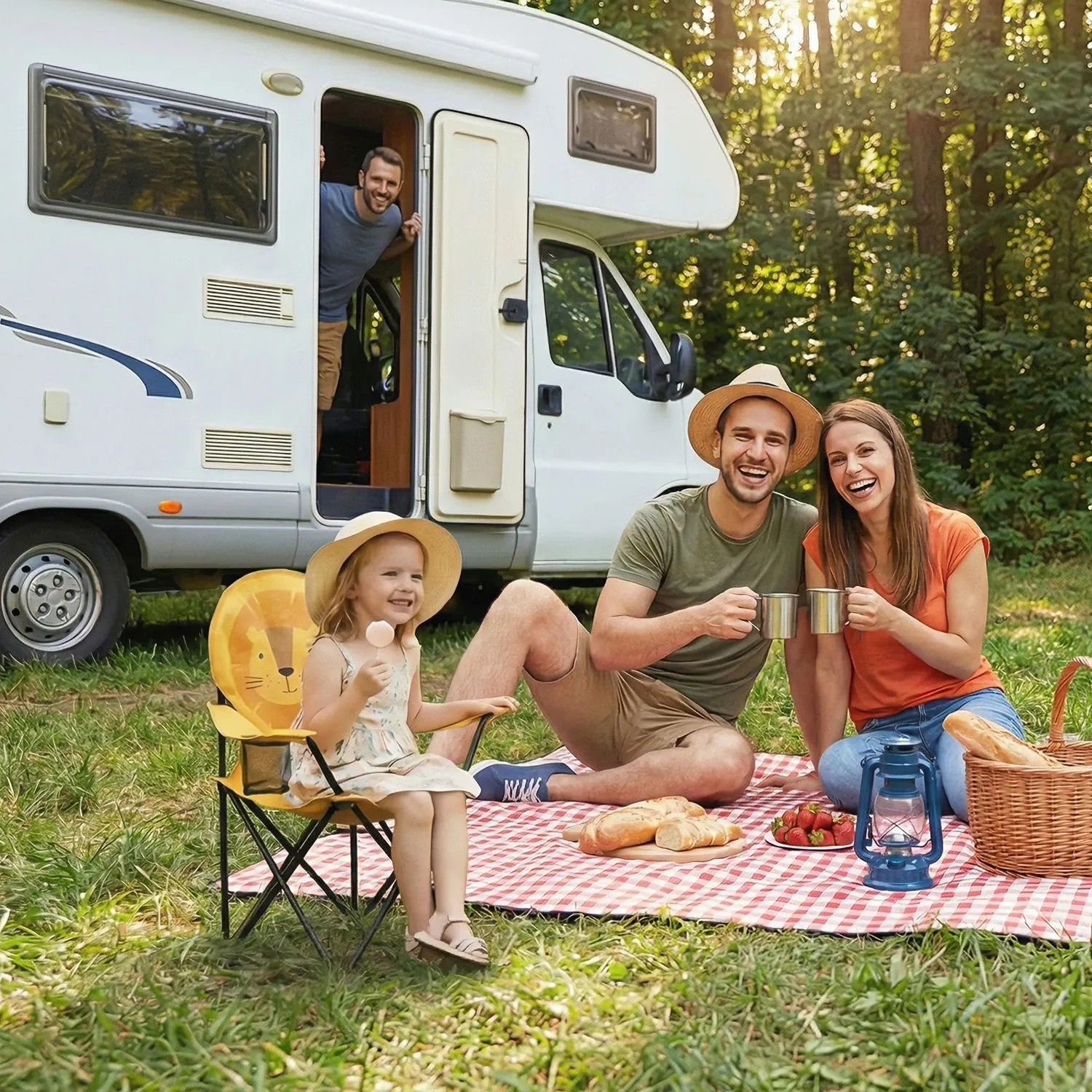 Familie beim Camping mit Sunula Kinder Campingstuhl Löwe. Klappstuhl mit Tiermotiv.