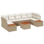 Beiges 8-teiliges Garten-Sofa-Set aus Polyrattan mit Kissen und Tisch.