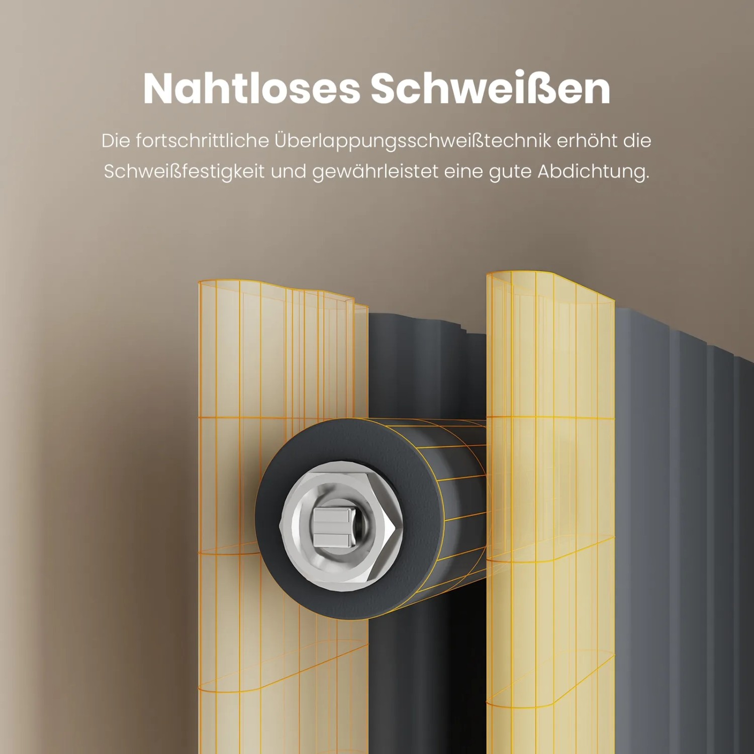Detailaufnahme: Nahtlose Schweißtechnik des anthrazitfarbenen Emke Heizkörpers für Bad und Wohnraum.