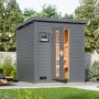 Karibu Saunahaus Arvi 2 Set, terragrau, mit Ofen und externer Steuerung.