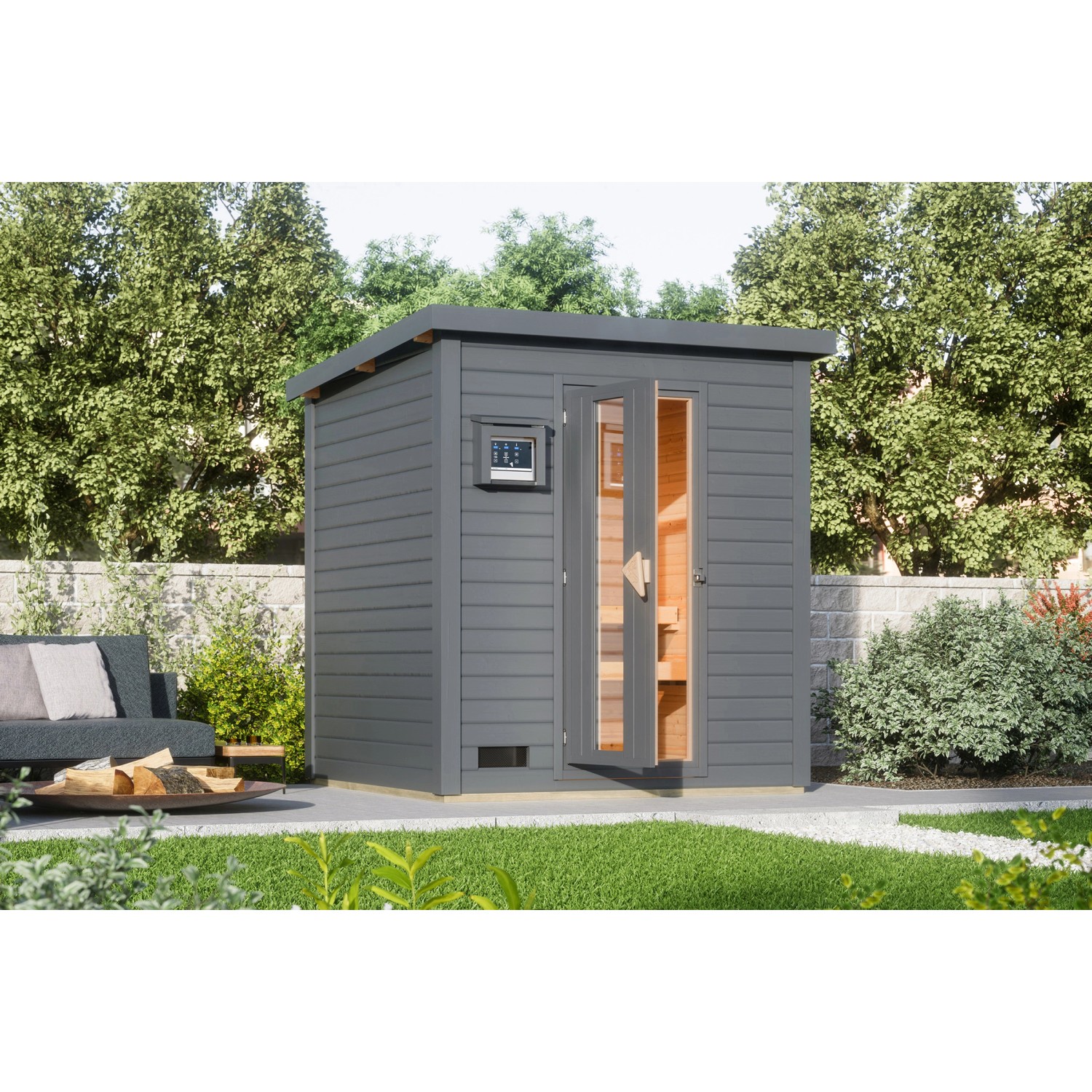 Karibu Saunahaus Arvi 2 Set mit Ofen 9 kW Externe Steuerung Bio Terragrau günstig online kaufen