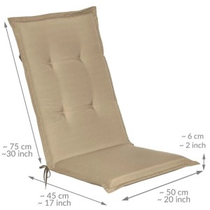 Beige Beautissu Loft HL Hochlehner Auflage 120x50x6cm für Gartenstuhl, mit Befestigungsschnüren und Heftungen.