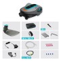 Gardena smart Sileno life 750 Mähroboter mit Zubehör wie Ladestation, Kabel, Haken und Verbinder.