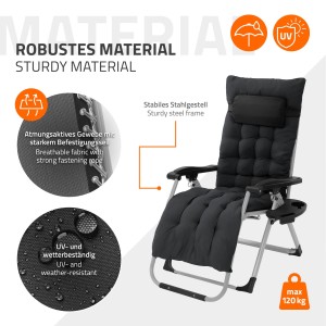 Schwarze, klappbare Hauki Sonnenliege mit Polster, Getränkehalter und Stahlgestell.