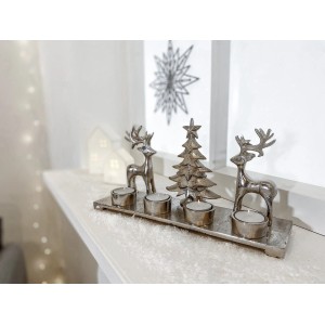 Silberner Kobolo Kerzenhalter mit Rentieren und Tannenbaum für 4 Teelichter als Weihnachtsdeko.
