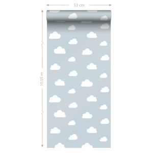 ESTAhome Vliestapete mit kleinen weißen Wolken auf hellblauem Grund, 0.53 x 10.05 m.