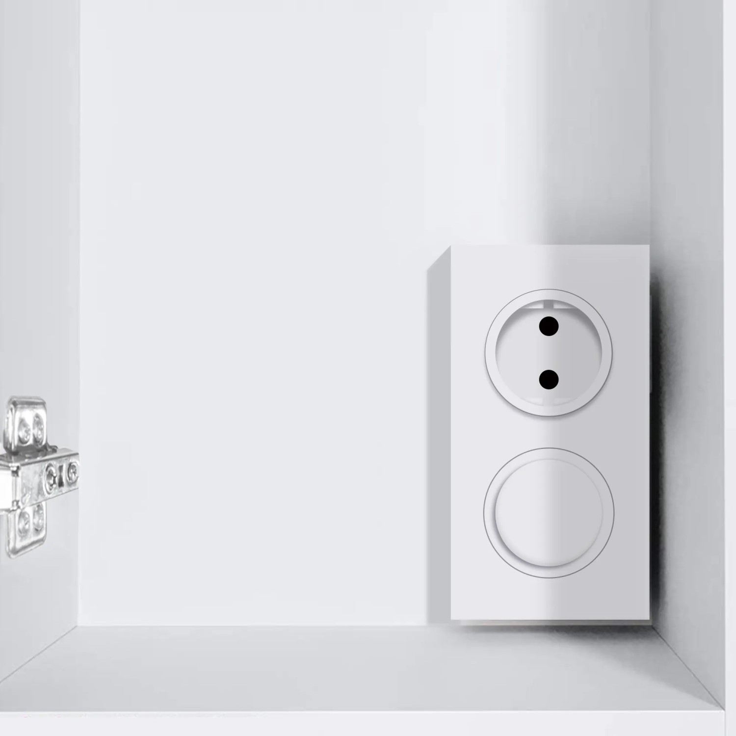 Innenansicht: Weißer ML-Design Spiegelschrank mit Steckdose und Schalter.