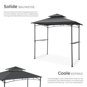 Anthrazitfarbener Grillpavillon mit Doppeldach, Ablagen und Flaschenöffner.