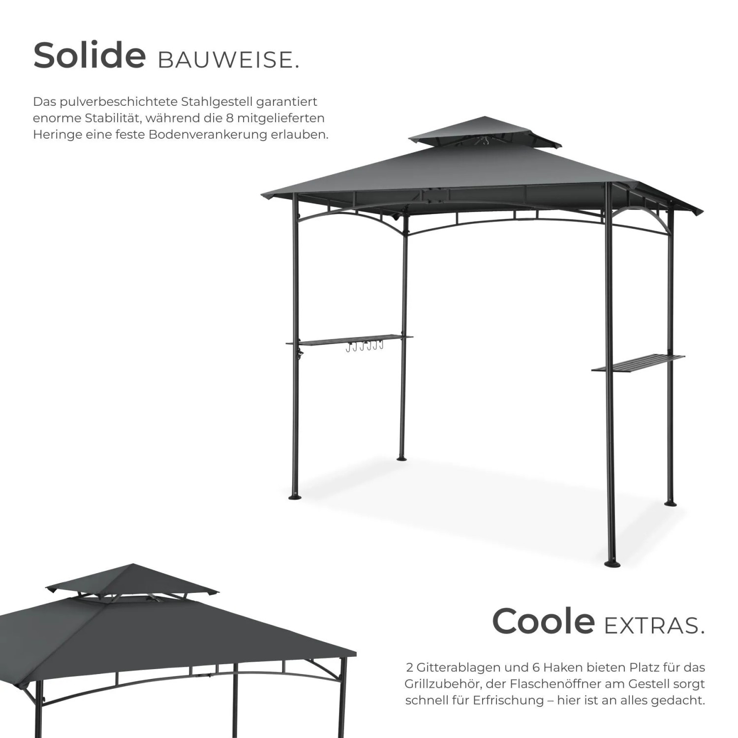 Anthrazitfarbener Grillpavillon mit Doppeldach, Ablagen und Flaschenöffner.