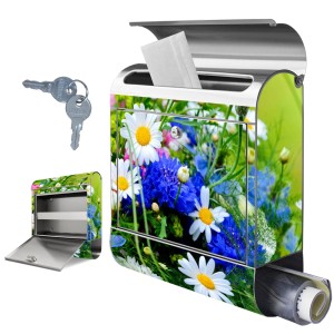 Edelstahl Briefkasten mit Blumenstrauß Motiv und Zeitungsfach. Rostfrei, modern und dekorativ.