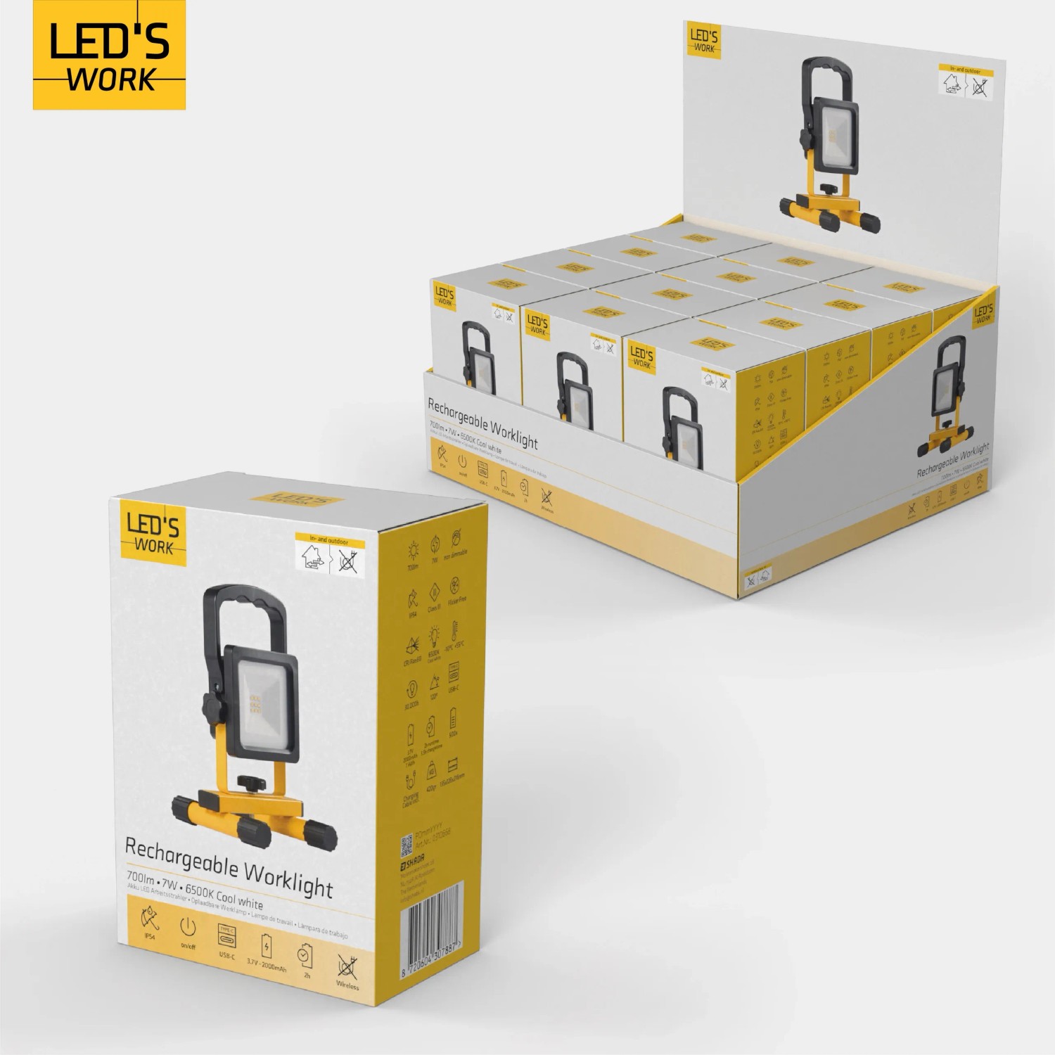 LED's Work Arbeitsleuchte, aufladbar, 7W, 700lm, 6500K, IP54, schwarz-gelb, in Verpackung und Display.