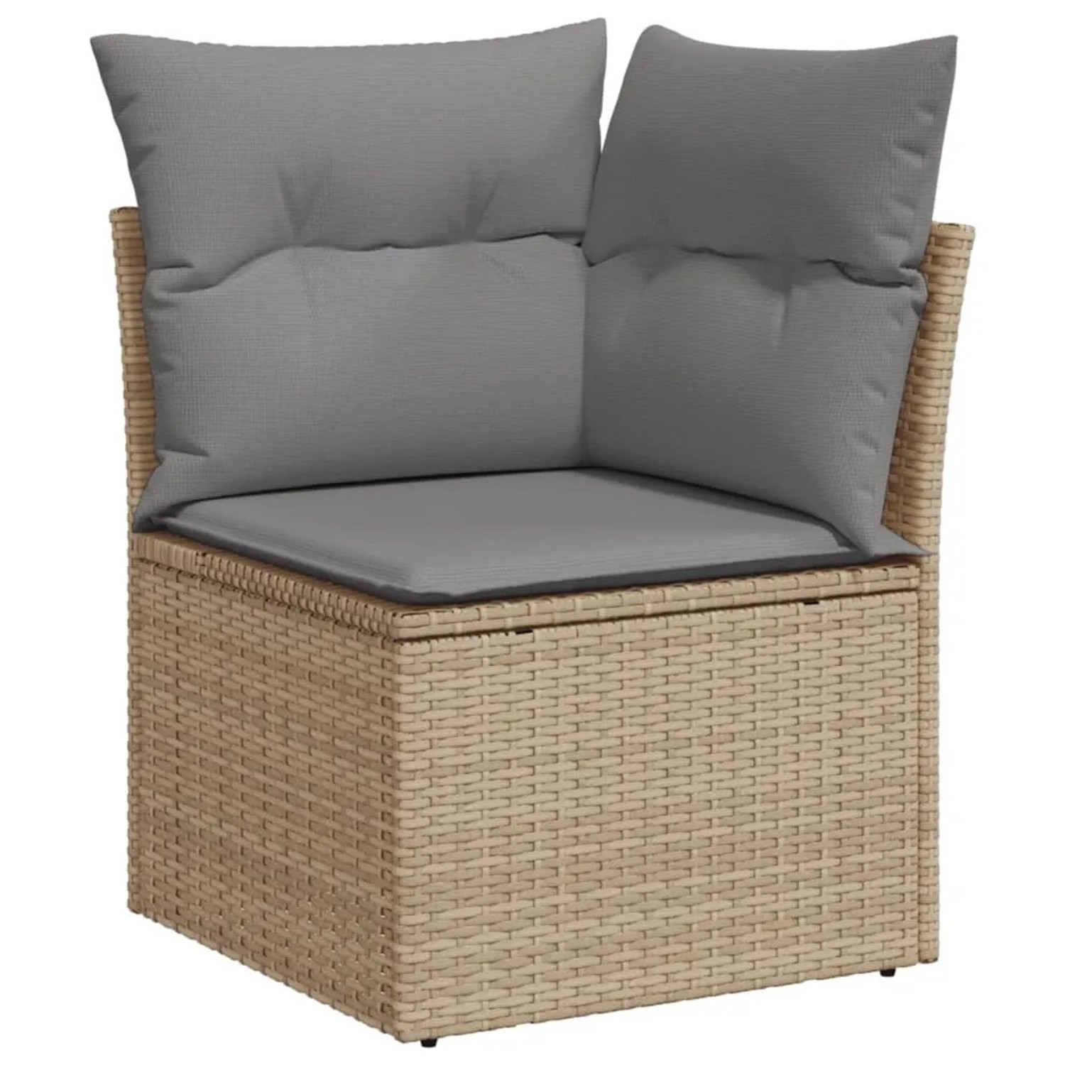 Beige Garten-Sofagarnitur aus Polyrattan mit grauen Kissen, Teil eines 8-teiligen Sets.
