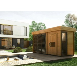 Finntherm Gartensauna Azalia, naturbelassen, mit bronzierten Fenstern und Holztür auf Holzterrasse.