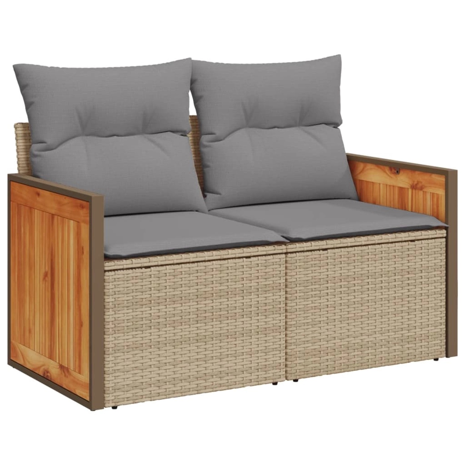 Beige 5-tlg. Garten-Sofagarnitur aus Rattan mit grauen Kissen.