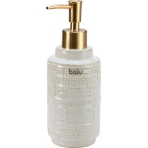 Beige-goldener baliv Cosy Wave Seifenspender aus Keramik mit Leinendekor.
