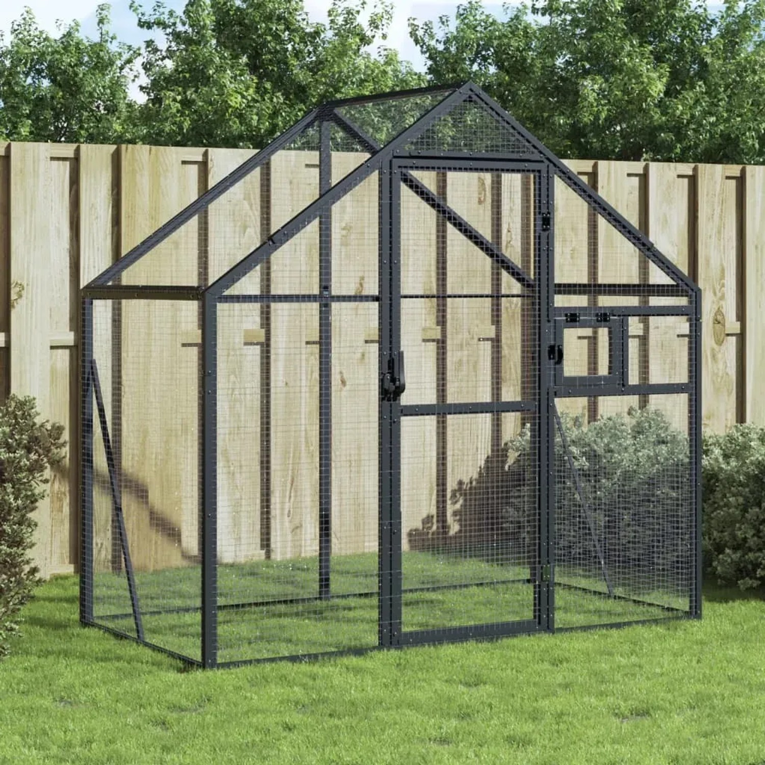 Anthrazitfarbene vidaXL Voliere aus Aluminium, 179x100x185 cm, für Vögel und Kleintiere.
