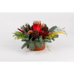 Grabgesteck mit 3-Tagesbrenner, Ø 15cm. Naturfarbenes Arrangement mit Tannenzapfen und roter Kerze.