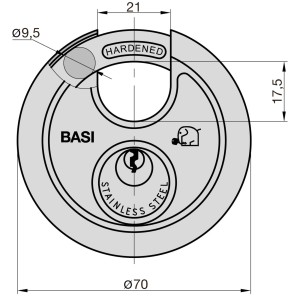 Basi Rundbügel-Vorhangschloss RVS 610, 70 mm, Edelstahlgehäuse, schematische Darstellung mit Maßen.