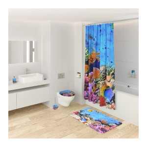 Badezimmer-Set mit Ozean-Motiv: Badewannenstöpsel, Duschvorhang, Badematte und WC-Sitz.