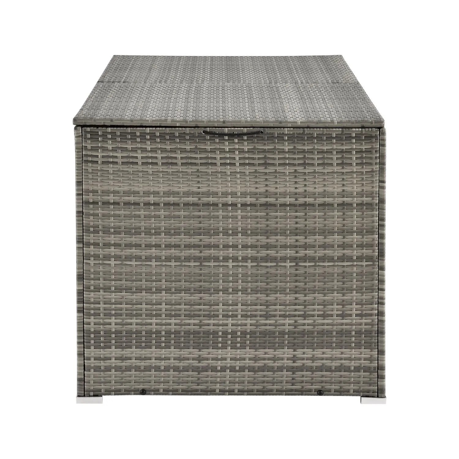 Grau melierte Polyrattan Auflagenbox Ikaria für Gartenmöbel, ideal zur Aufbewahrung von Polstern.