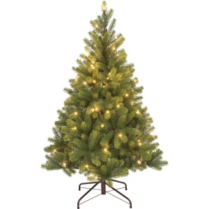 Grüne Kunsttanne Nagano, 120cm hoch, mit LED-Beleuchtung und braunem Ständer.