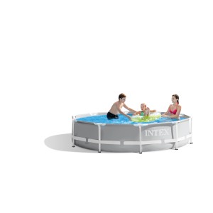 Intex Frame Pool-Set Prism Rondo, Ø 305 cm, grau, mit Familie im Wasser.