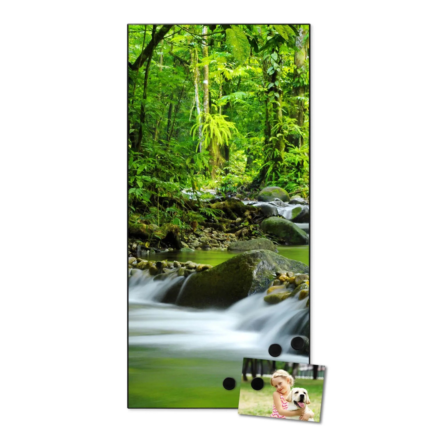 Schwarze Magnettafel mit Bach-Motiv, 37x78cm, inkl. Magnete. Wanddekoration für Notizen und Fotos.