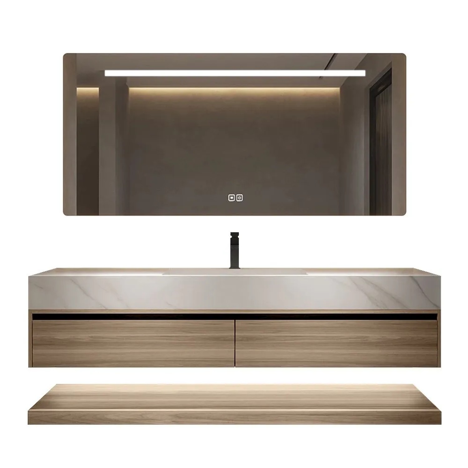 360Home Waschtisch Set Weiß 120 CM Mit Sinterstein Arbeitsplatte Holzmaserung Unterschrank Und Spiegel RW3256120K