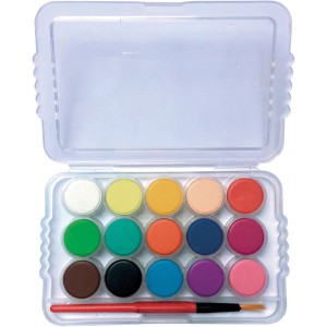 Giotto Mini Wasserfarben Set mit 15 Farben und Pinsel im transparenten Kasten.