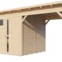 Bertilo Gartenhaus Pentus 3 Lounge aus Holz mit Anbau und überdachter Fläche.