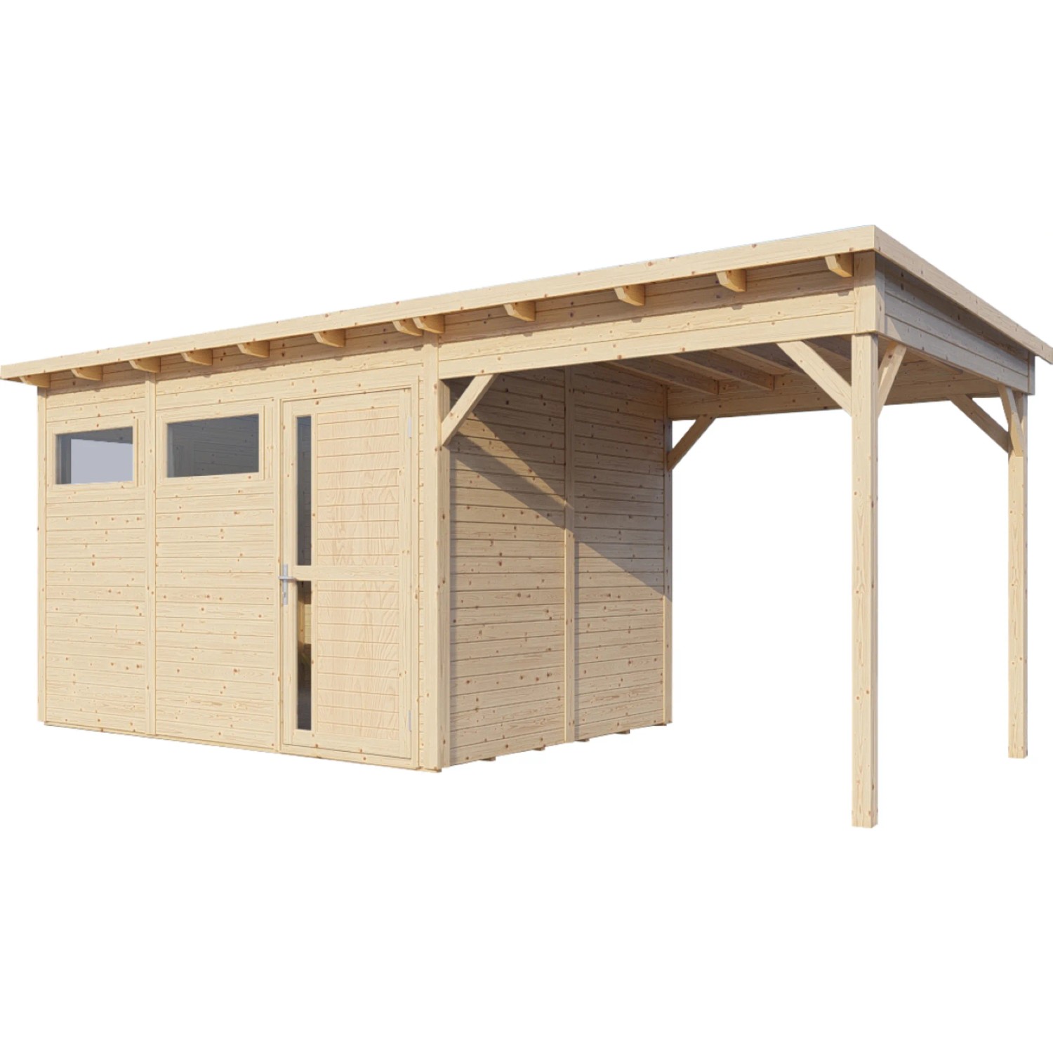 Bertilo Gartenhaus Pentus 3 Lounge aus Holz mit Anbau und überdachter Fläche.