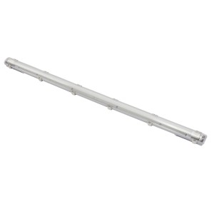 Robuste REV LED-Feuchtraumlichtleiste Omega+ 156 cm, IP65, mit weißem Kunststoffgehäuse und Edelstahlclips.