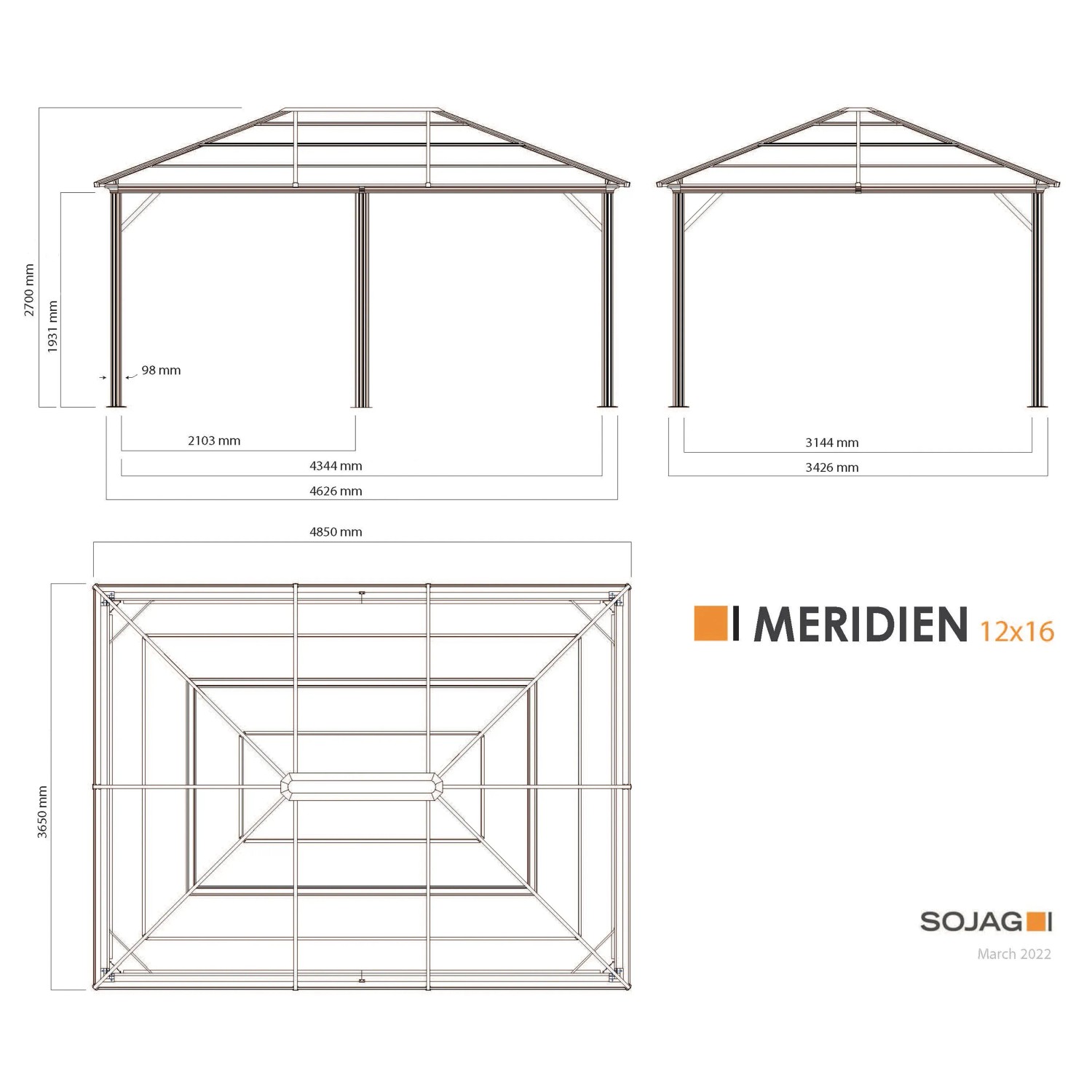 Technische Zeichnung: Sojag Pavillon Meridien 12x16 Anthrazit mit Maßangaben.