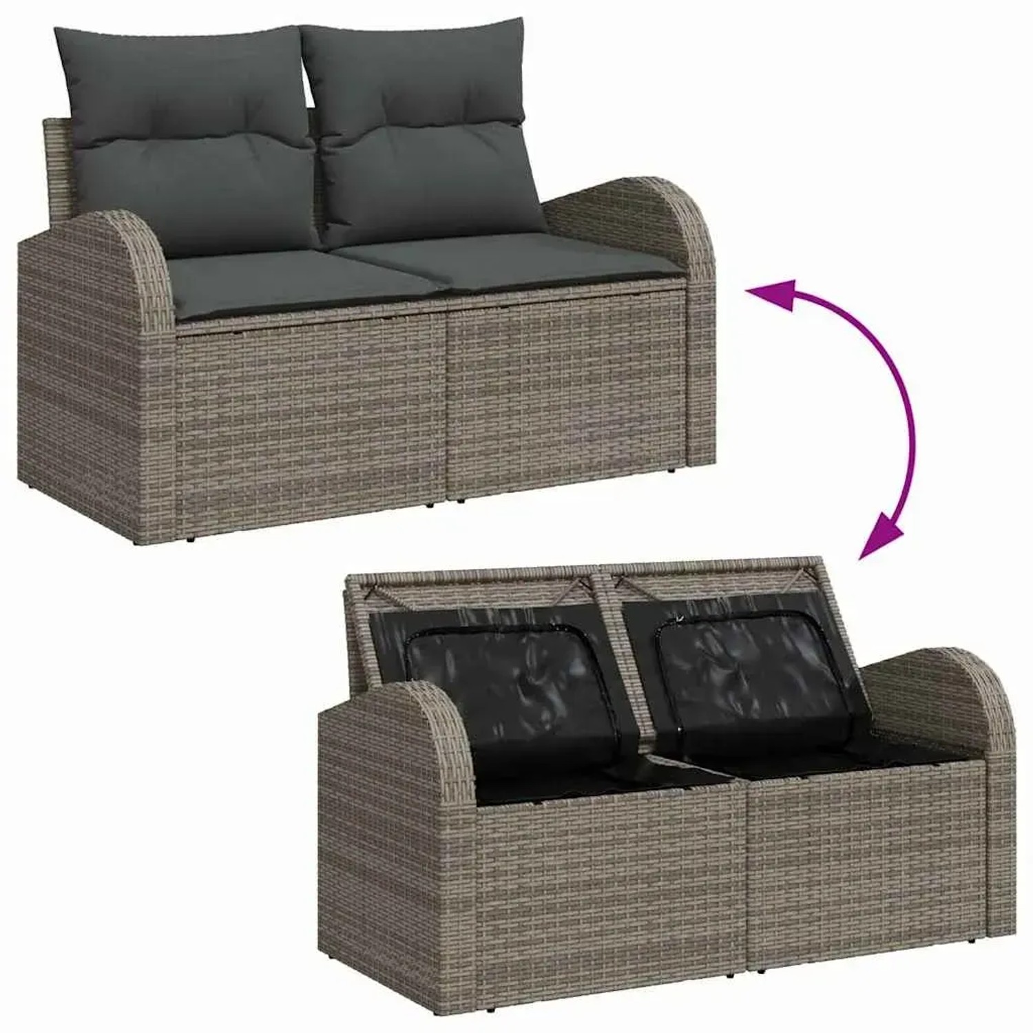 Graues 6-tlg. vidaXL Garten-Sofa-Set aus Poly Rattan mit Kissen und Stauraum.