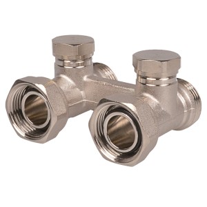 Kirchhoff Hahnblock 90° vernickelt, 3/4 Eurokonus x 24,2 mm (3/4 IG) für Heizkörperanschluss.