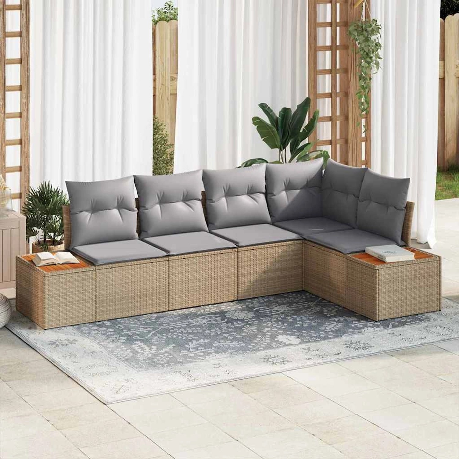 vidaXL Garten-Sofa-Set mit Kissen 5-Tlg Beige Poly Rattan 3348086 günstig online kaufen