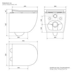 Technische Zeichnung: Wand-WC, spülrandlos, schwarz matt, Maße und Details.
