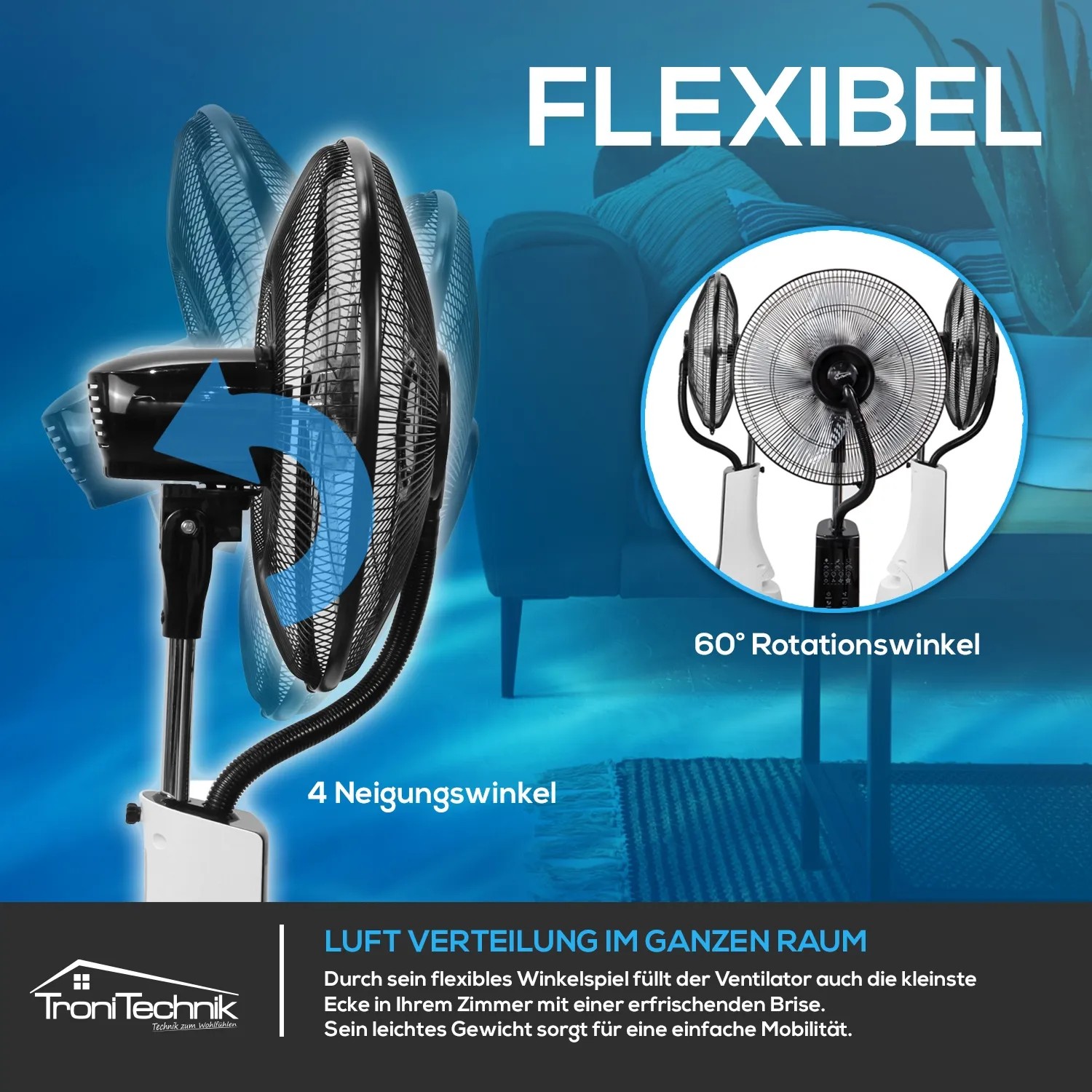 TroniTechnik Standventilator SV06 mit Wasserkühlung, oszillierend und mit Fernbedienung.