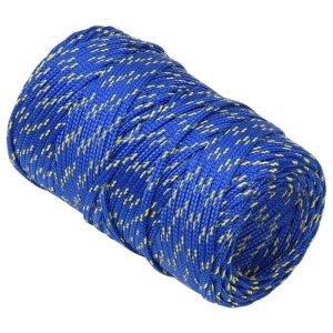 Blaues Polypropylen Bootsseil, 2 mm stark, 50 m lang, mit gelben Sprenkeln, aufgerollt. Boot-Zubehör.