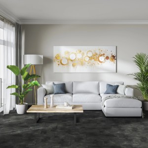 Verlegte, dunkle Bodenfliese Feinsteinzeug Togo 59,8x29,8 cm in Betonoptik im Wohnraum.