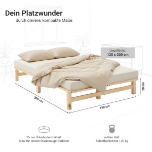 Homestyle4u Holzbett Jugendbett Palettenbett 120x200 mit Lattenrost Natur Futonbett 3132